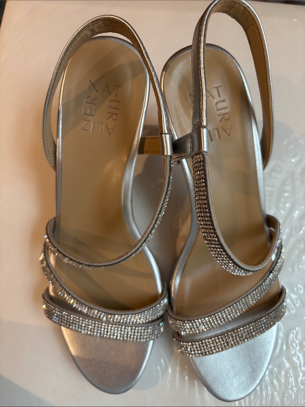 Naturalizer Silver Metallic Crystal Strap Slingbacks
